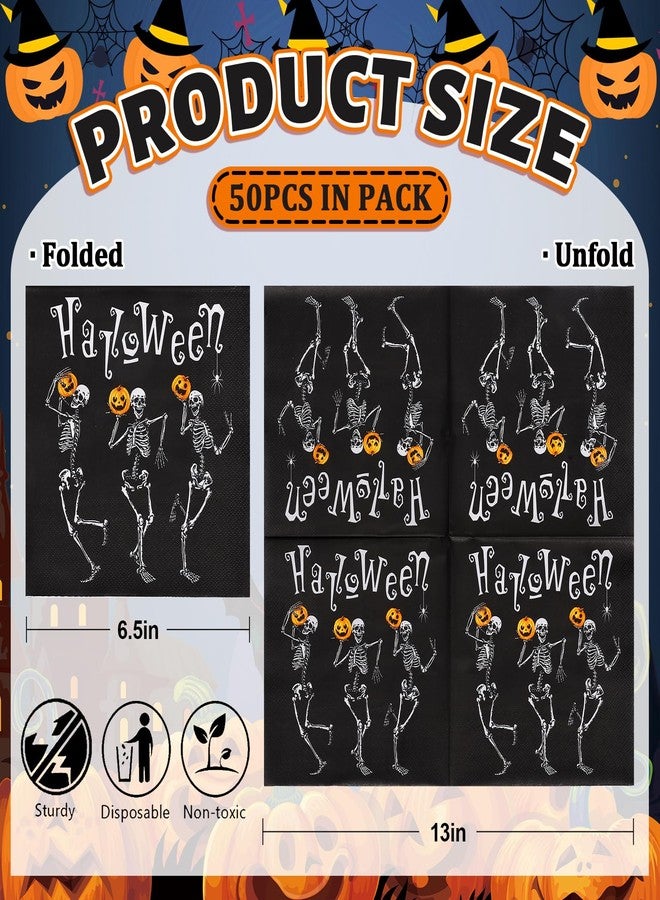 Whaline 50Pcs Halloween Skull Paper Napkins Dancing Skeleton Pumpkin Black Disposable Luncheon Dinner Table Napkins for Holiday Trick or Treat Party Decor Supplies - Image 2