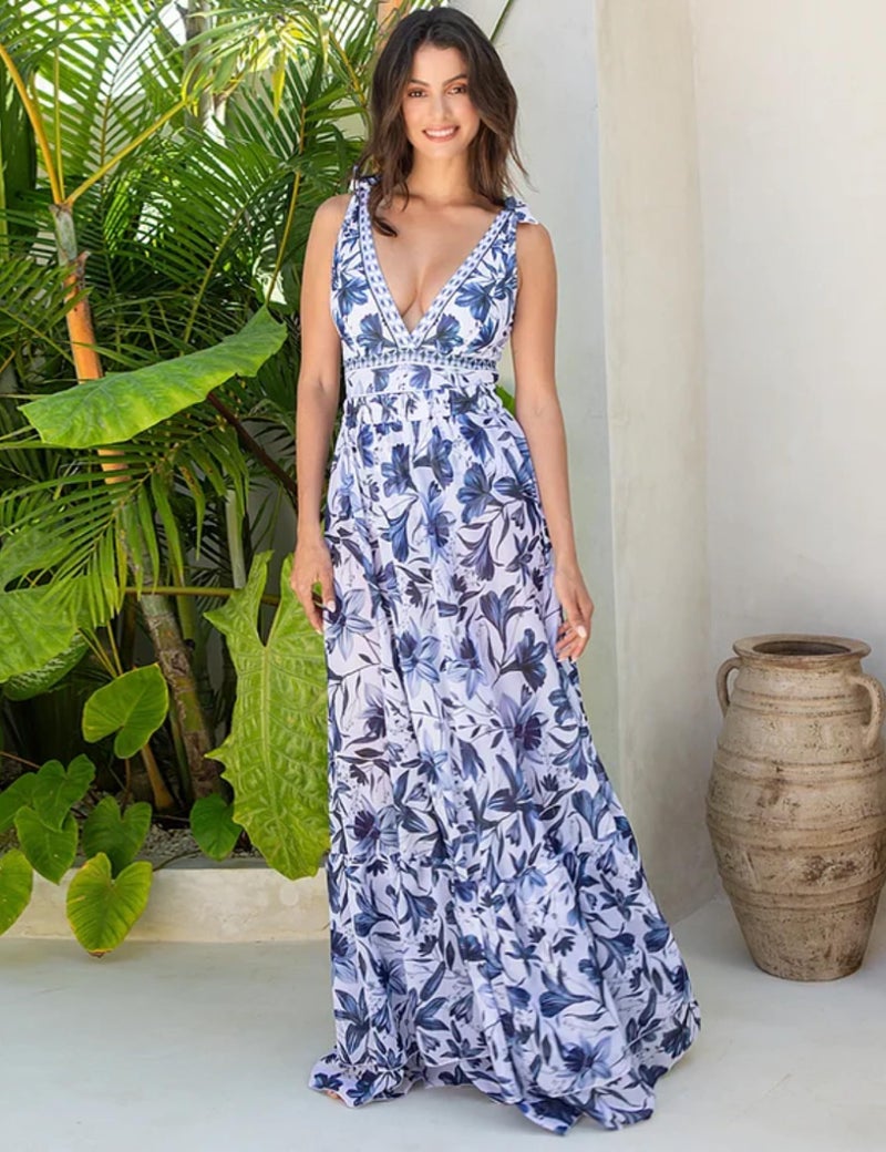 FLAXMAKER Blue and White V Neck Lace Up Strip Plant Prints One Piece Swimsuit and Skirt/Sarong(Swimsuit and Skirt,Blue,L) - Image 4