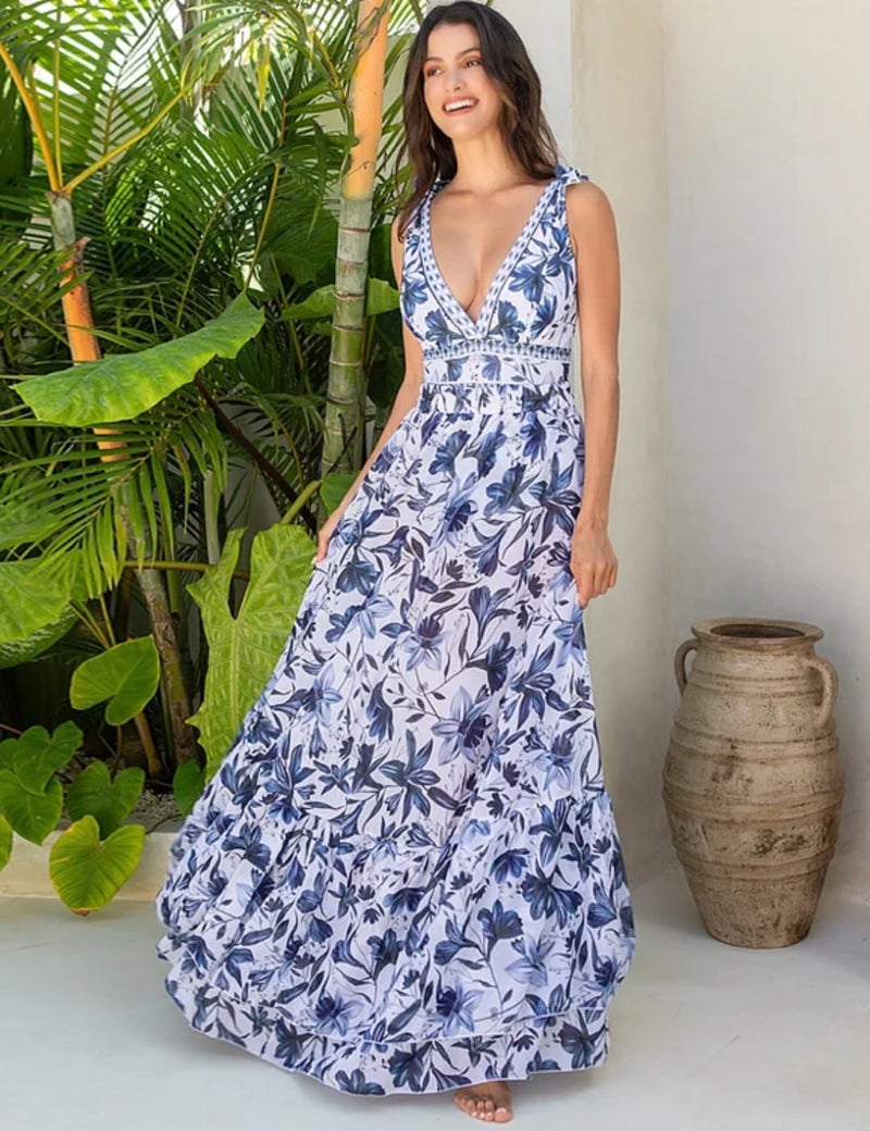 FLAXMAKER Blue and White V Neck Lace Up Strip Plant Prints One Piece Swimsuit and Skirt/Sarong(Swimsuit and Skirt,Blue,L) - Image 5