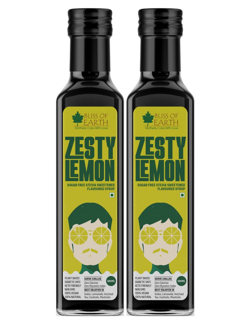 BLISS OF EARTH Lemon Syrup Sugarfree For Drinks Flavor Enhancer Stevia Sweetened Diabetic Safe Zero Calorie 2x500ml  - Image 1