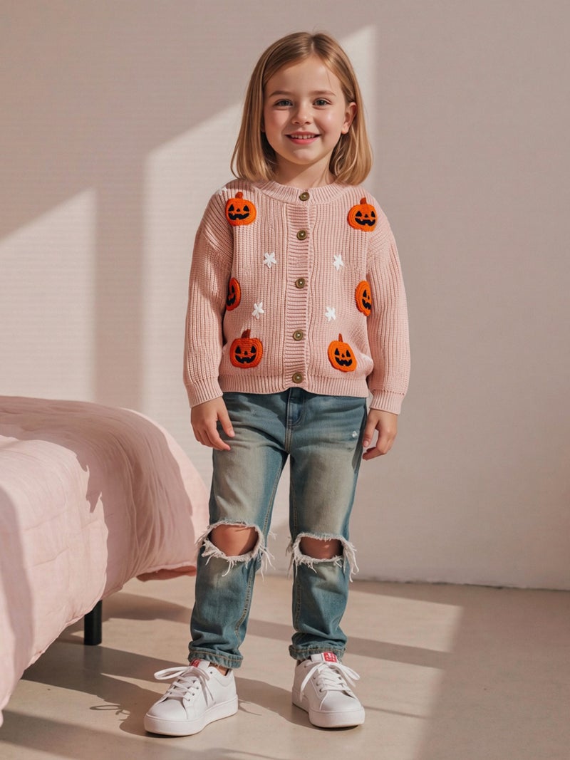 Toddler Baby Knit Cardigans Cute Halloween Pumpkin Embroidery Round Neck Long Sleeve Button Up Sweaters - Image 3