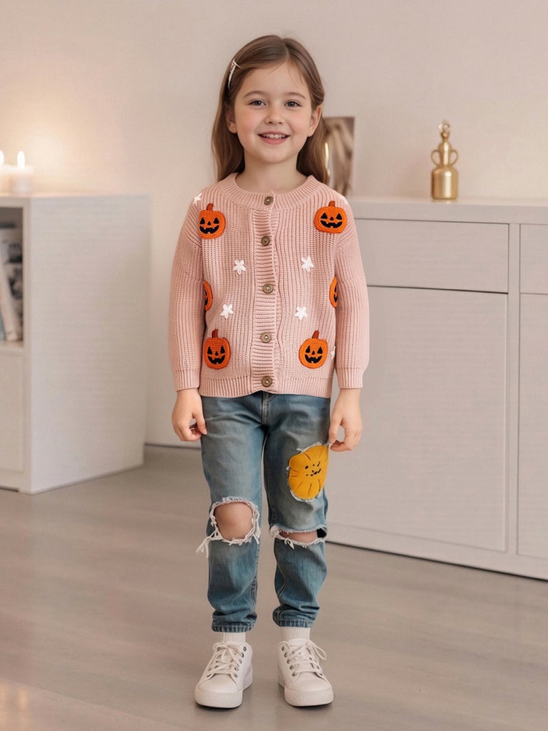 Toddler Baby Knit Cardigans Cute Halloween Pumpkin Embroidery Round Neck Long Sleeve Button Up Sweaters - Image 2