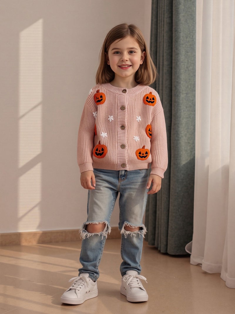 Toddler Baby Knit Cardigans Cute Halloween Pumpkin Embroidery Round Neck Long Sleeve Button Up Sweaters - Image 5