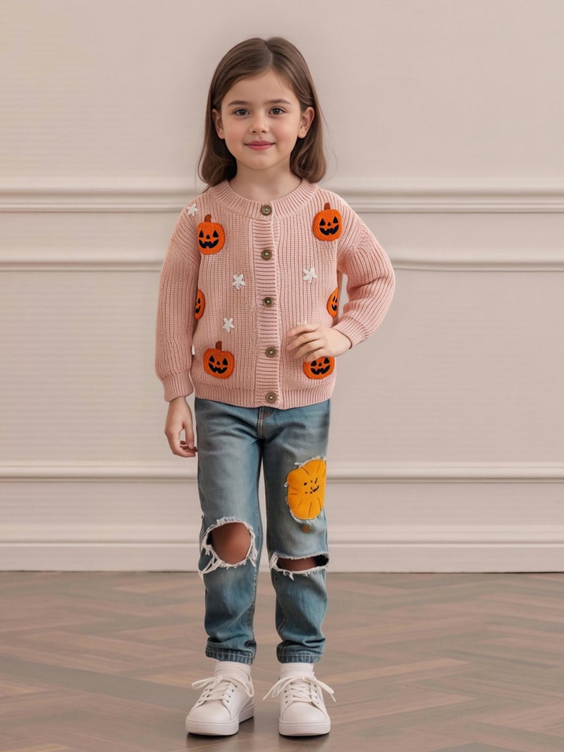 Toddler Baby Knit Cardigans Cute Halloween Pumpkin Embroidery Round Neck Long Sleeve Button Up Sweaters - Image 4