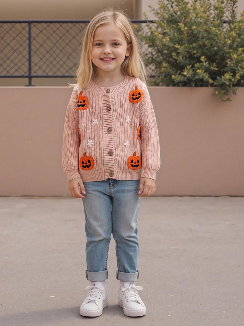 Toddler Baby Knit Cardigans Cute Halloween Pumpkin Embroidery Round Neck Long Sleeve Button Up Sweaters - Image 1