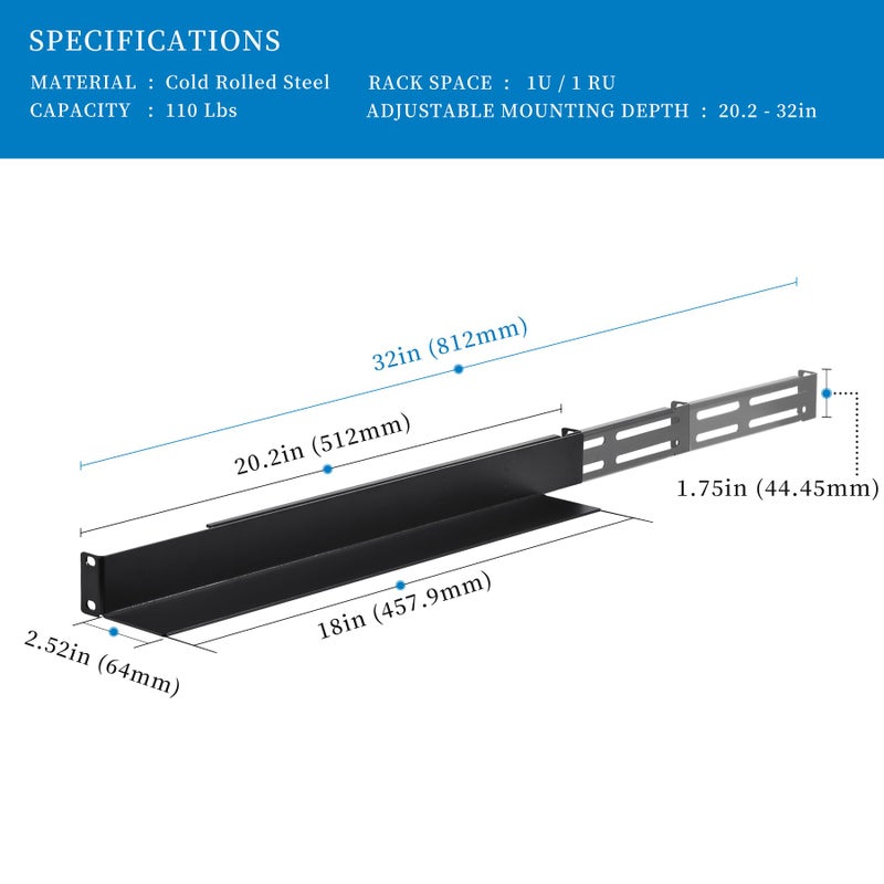 RackPath 1U 4-Post Server Rack Rail, 20.2-32 Inch Adjustable Depth - 110lbs Capacity - Image 2
