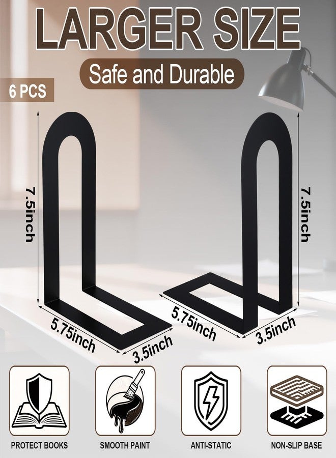 Chunful 6 Pcs Modern Metal Book Ends for Shelves Decorative Small Bookends Book Shelf Organizer Minimalist Design Stopper to Hold Books for Home Office (Black,7.5 * 5.75 * 3.5inch) - Image 3