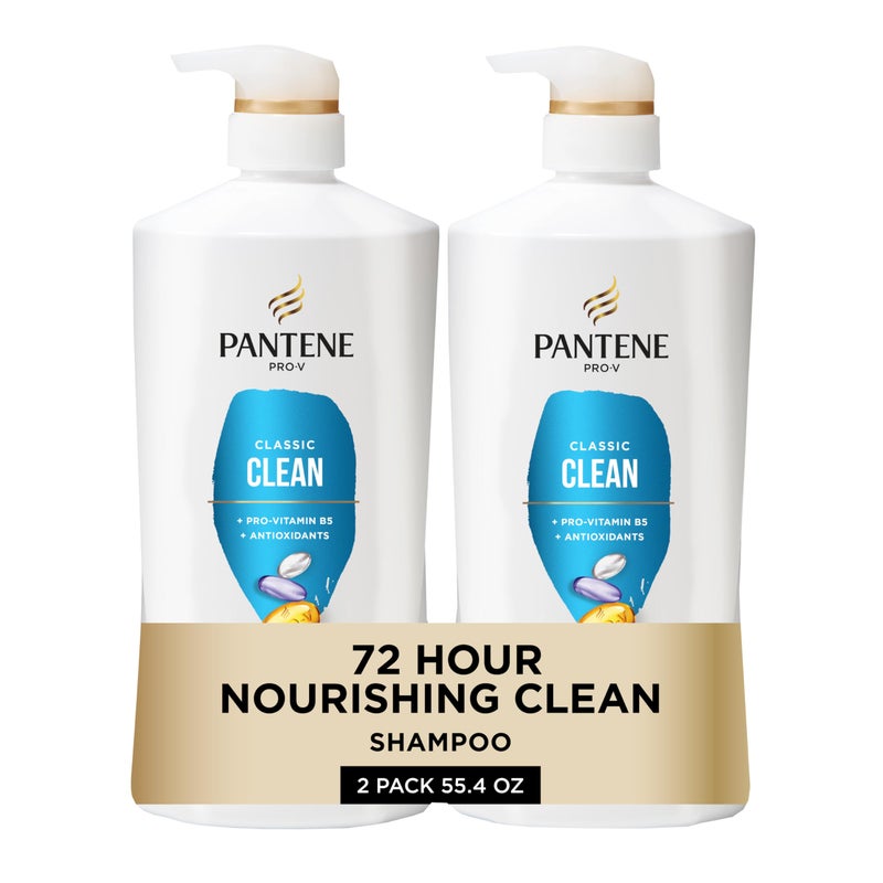 Pantene Shampoo, Classic Clean - Pro-V Nutrients for Dry, Color-Treated Hair, Healthy Looking Hair Every Wash, Antioxidant-Rich, 27.7 Oz Each, 2-Pack + Miracle Rescue Shot (0.5 Oz) - Image 1