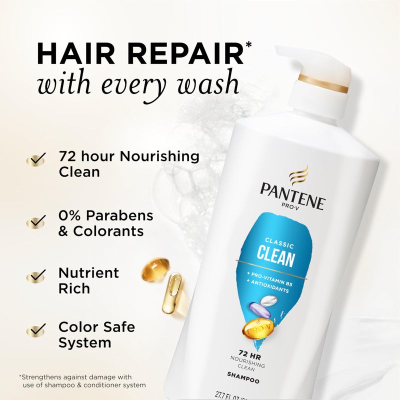 Pantene Shampoo, Classic Clean - Pro-V Nutrients for Dry, Color-Treated Hair, Healthy Looking Hair Every Wash, Antioxidant-Rich, 27.7 Oz Each, 2-Pack + Miracle Rescue Shot (0.5 Oz) - Image 2