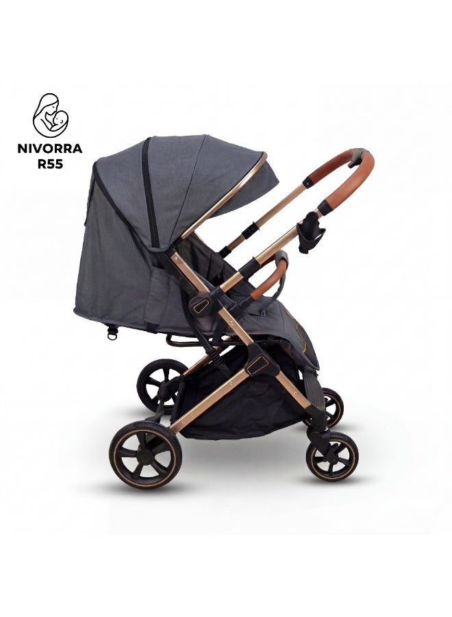 NIVORRA Luxury Baby Stroller with Lightweight Aluminum Frame Compact Foldable Travel System with Adjustable Canopy and Leather Handle - Image 5