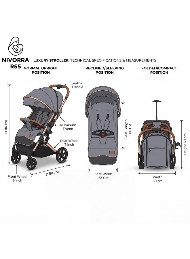 NIVORRA Luxury Baby Stroller with Lightweight Aluminum Frame Compact Foldable Travel System with Adjustable Canopy and Leather Handle - Image 2