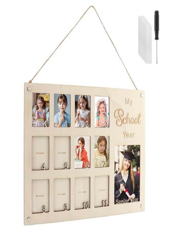 Houseen Wooden K-12 School Photo Frame Collage - Holds 13 Photos from Kindergarten to Graduation, Home Decor Keepsake Gift for Teachers, Parents & Students - Memory Display with Wooden Hanger - Image 1
