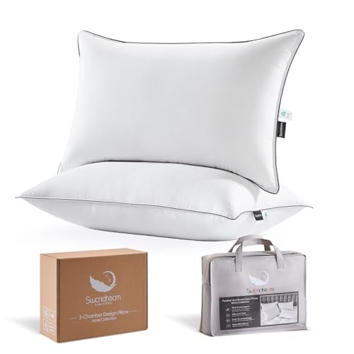 Swandream Goose Feather and Down Bed Pillows Queen Size Set of 2, Luxury 3-Chamber Pillows with Soft & Down-Proof Cover, Fluffy Plush Hotel Bed Pillows for Side, Back & Stomach Sleepers - Image 1