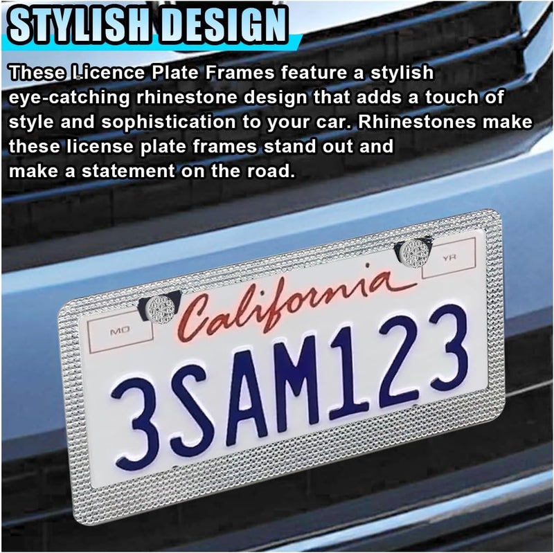 LHDOS 2PCS Bling License Plate Frames, License Plate Tag Cover, Sparkly Rhinestone Car Decoration Accessories, Stainless Steel License Plate Holder for Women (White) Budget friendly sizing alternatives - Image 4