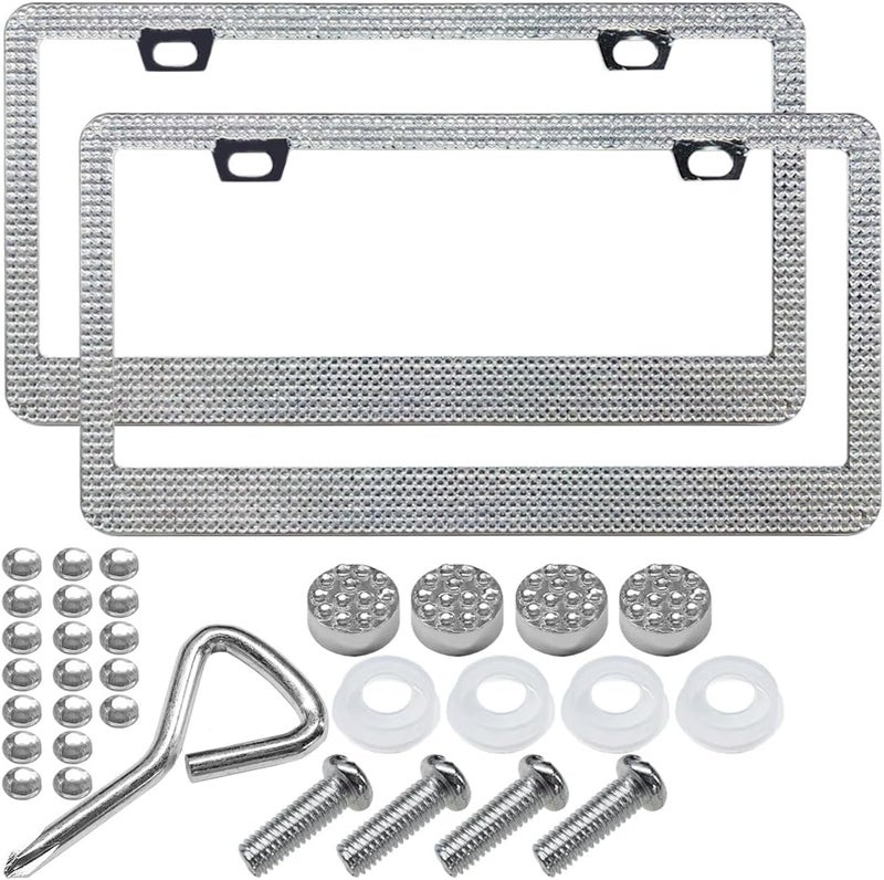 LHDOS 2PCS Bling License Plate Frames, License Plate Tag Cover, Sparkly Rhinestone Car Decoration Accessories, Stainless Steel License Plate Holder for Women (White) Budget friendly sizing alternatives - Image 1