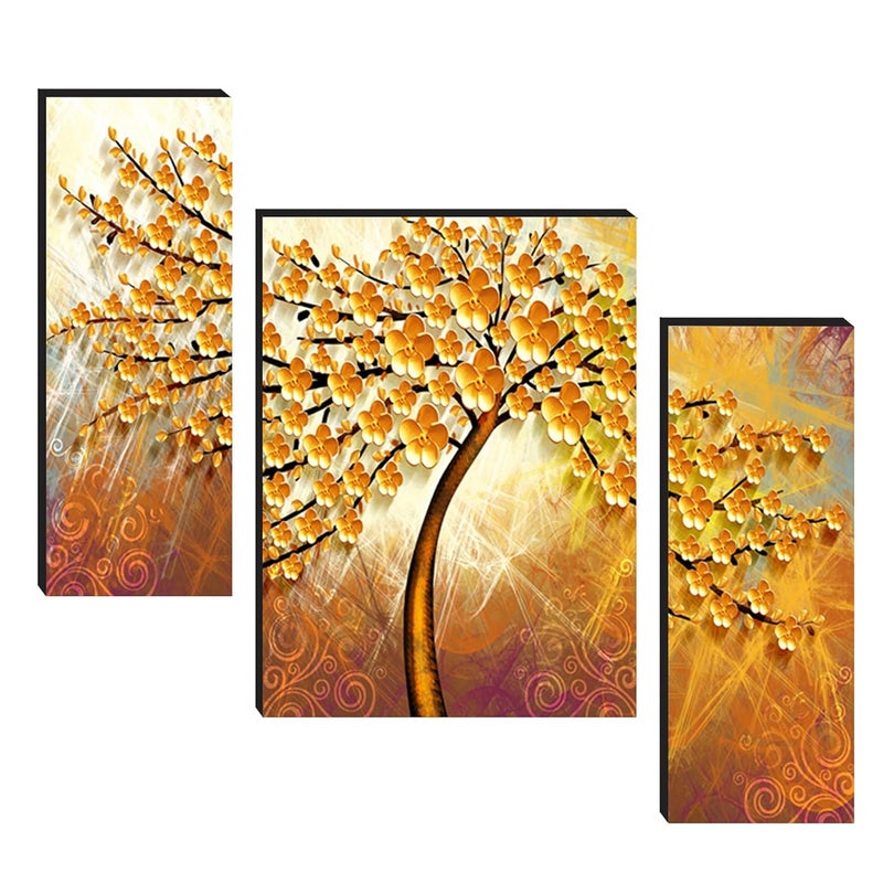Masstone UV Laminated Golden Flower Tree Wall Art Multicolor Floral 12 x 18 Inch Digital Reprint Set of 3