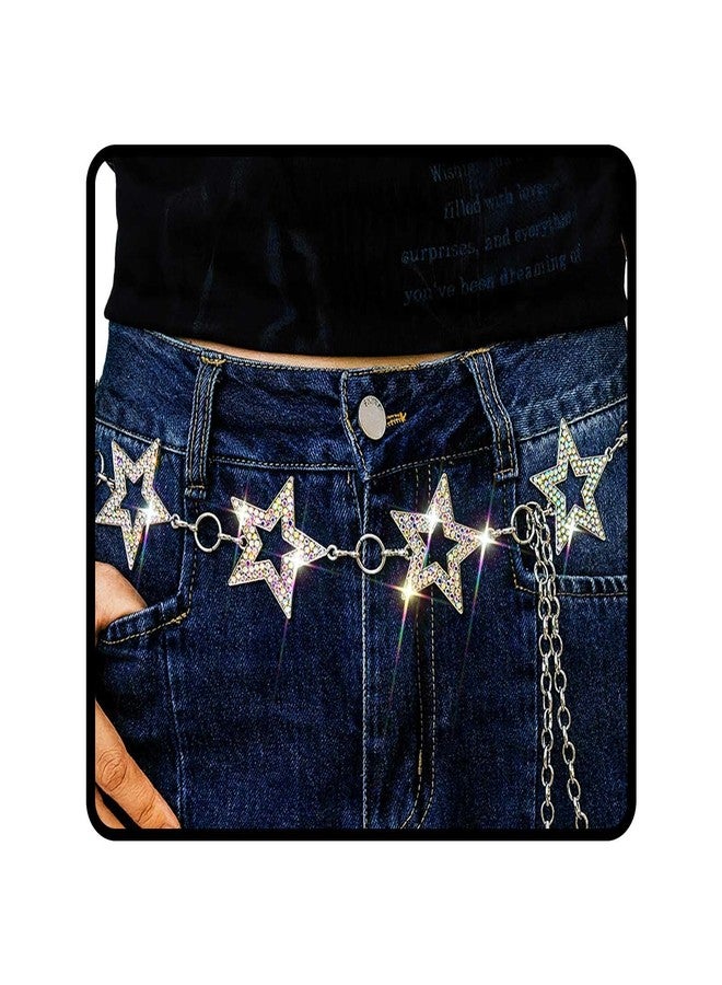 ELABEST Sparkly Rhinestone Star Chain Belt Crystal Waist Belt Statement Belly Jewelry for Women (Silver) - Image 1