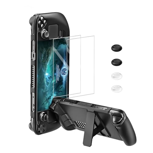 bibuks Steam Deck OLED Protective CaseNonSlip Skin Protective Shell AccessoriesSteam Deck Case with Kickstand 2 Screen Protector 4 Thumb Grip Black - Image 1