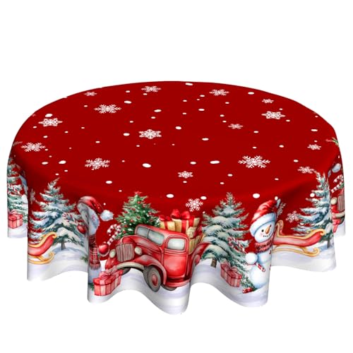 VentuCoven Christmas Snowman Round Table Cloths 60 inch Winter Red Truck Circular Tablecloth Xmas Tree Snowflake Circle Table Cloth for Kitchen Dining Farmhouse Tables Decor - Image 1