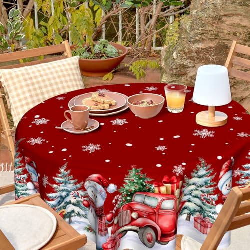 VentuCoven Christmas Snowman Round Table Cloths 60 inch Winter Red Truck Circular Tablecloth Xmas Tree Snowflake Circle Table Cloth for Kitchen Dining Farmhouse Tables Decor - Image 3