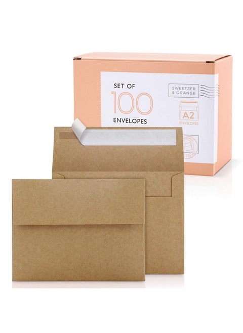 A2 Envelopes (100 With Box). Brown Envelopes Self Seal. Luxury 150Gsm For Greeting Card Envelopes And Invitation Envelopes 4-3/8 X 5-3/4, Rsvp Envelopes, Plain Kraft Envelopes.