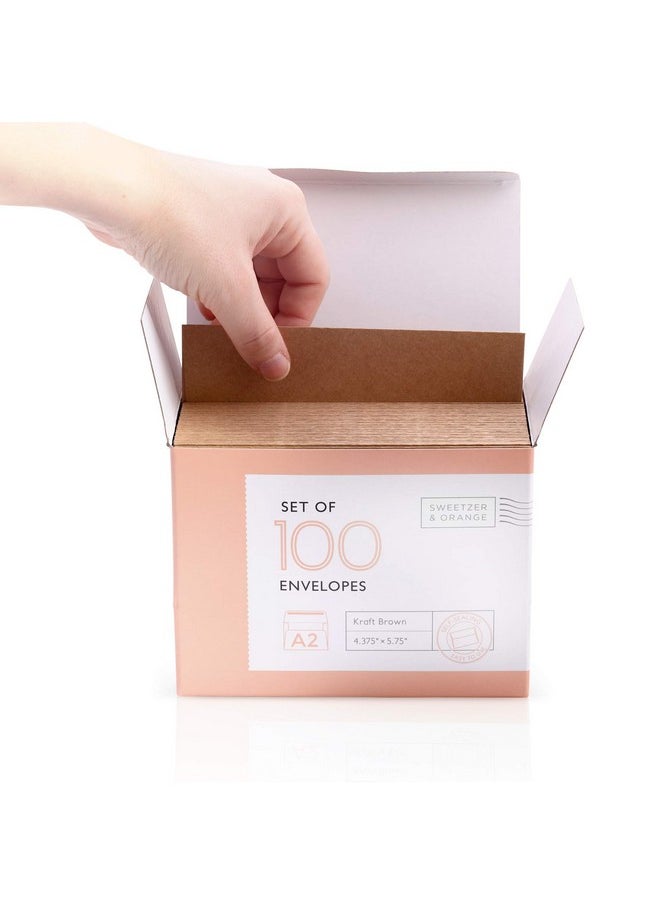 Sweetzer & Orange - A2 Envelopes (100 With Box). Brown Envelopes Self Seal. Luxury 150Gsm For Greeting Card Envelopes And Invitation Envelopes 4-3/8 X 5-3/4, Rsvp Envelopes, Plain Kraft Envelopes. - Image 1