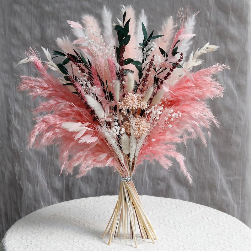 Mifgra Pink Pampas Grass Dried Flowers Bouquet for Home Decor, Wedding Decor, Boho Style Floral Arrangement Without Flower Vase - Image 1
