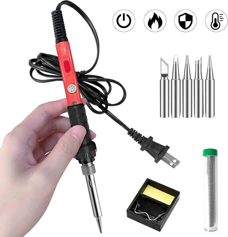 Q-MING Soldering Kit, 60W Soldering Iron, 110V Welding Kit with Ceramic Heater, Portable Solder Irons with 5pcs Extra Tips, Stand, Solder Tube, Sponge, for Electronic Repair - Image 1