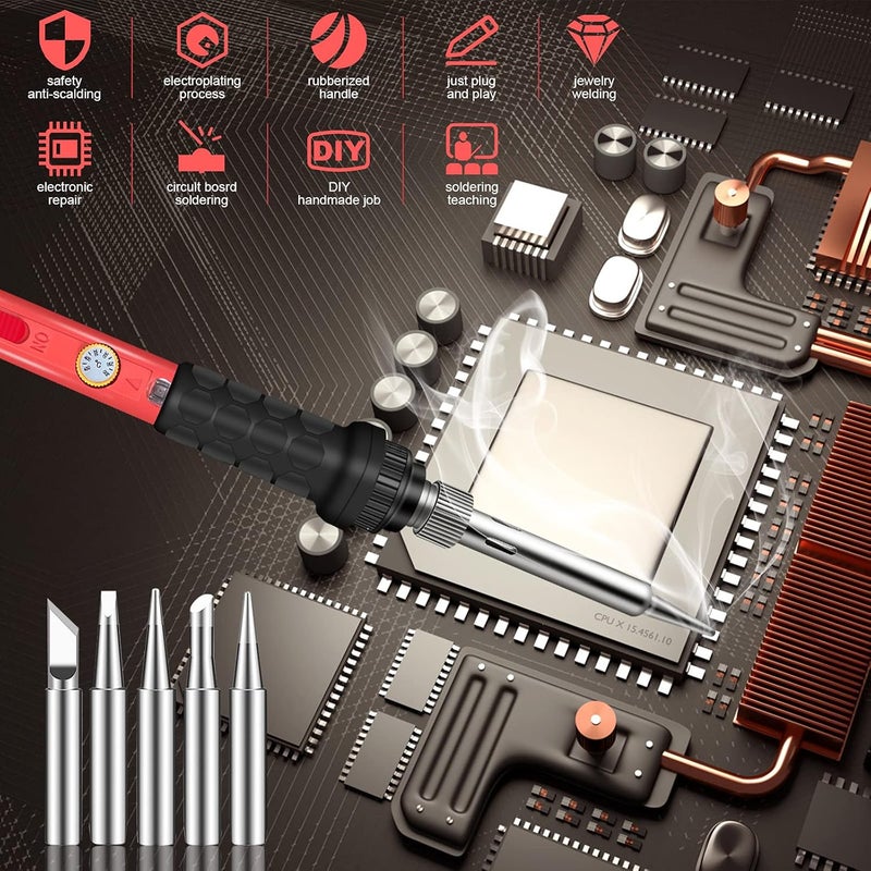Q-MING Soldering Kit, 60W Soldering Iron, 110V Welding Kit with Ceramic Heater, Portable Solder Irons with 5pcs Extra Tips, Stand, Solder Tube, Sponge, for Electronic Repair - Image 4