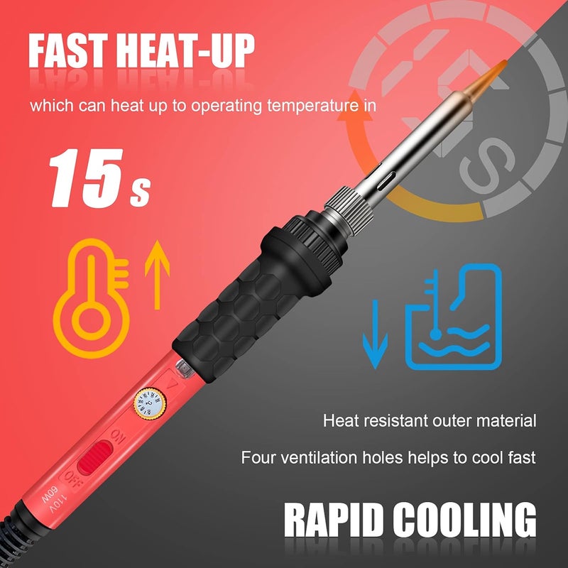 Q-MING Soldering Kit, 60W Soldering Iron, 110V Welding Kit with Ceramic Heater, Portable Solder Irons with 5pcs Extra Tips, Stand, Solder Tube, Sponge, for Electronic Repair - Image 3