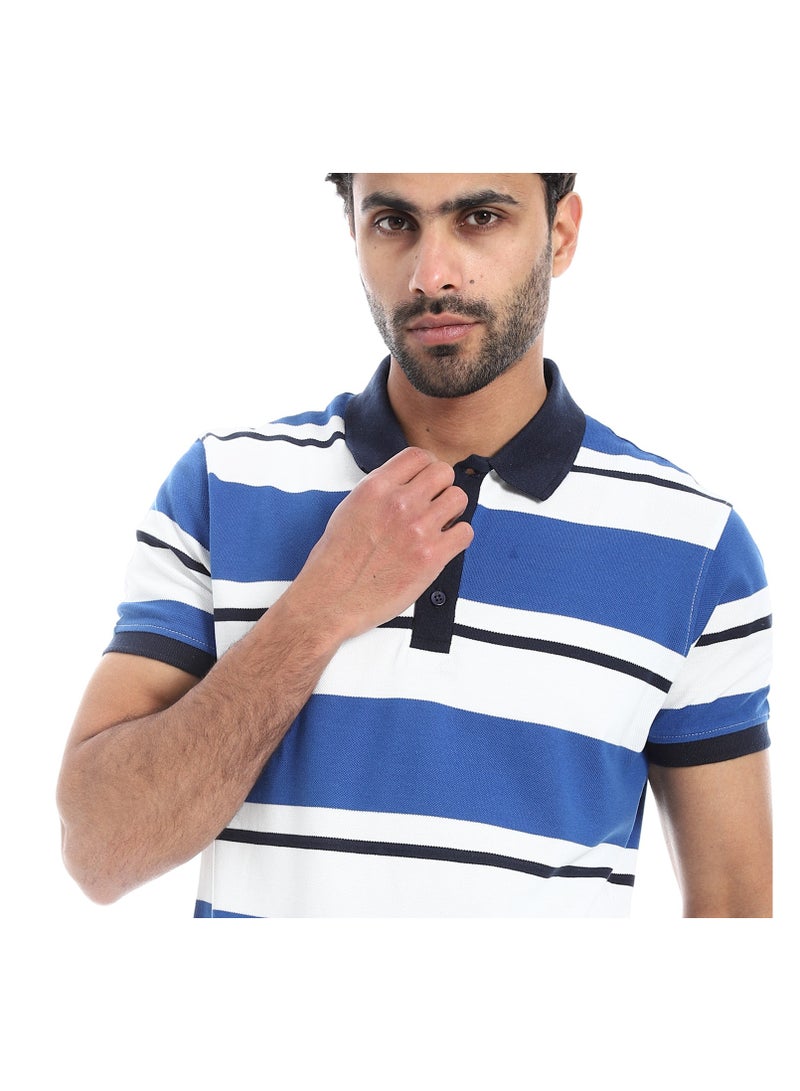 Pavone Short Sleeves Striped Polo Shirt - Royal Blue, White & Navy Blue - Image 1