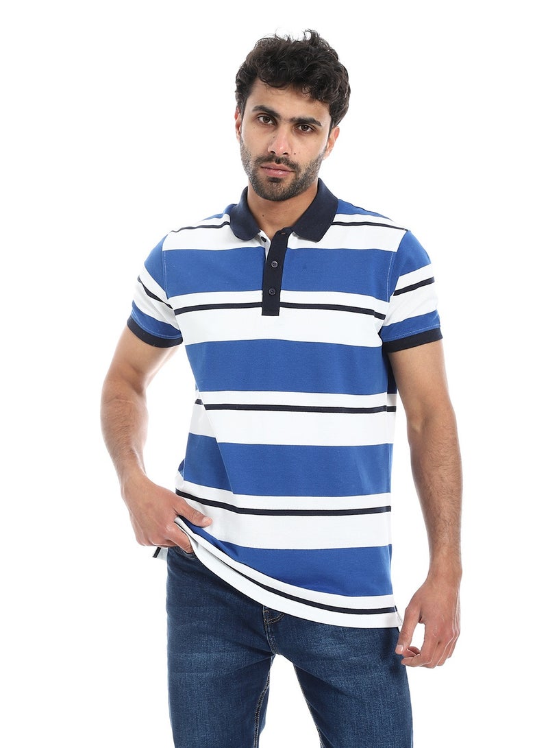 Pavone Short Sleeves Striped Polo Shirt - Royal Blue, White & Navy Blue - Image 3