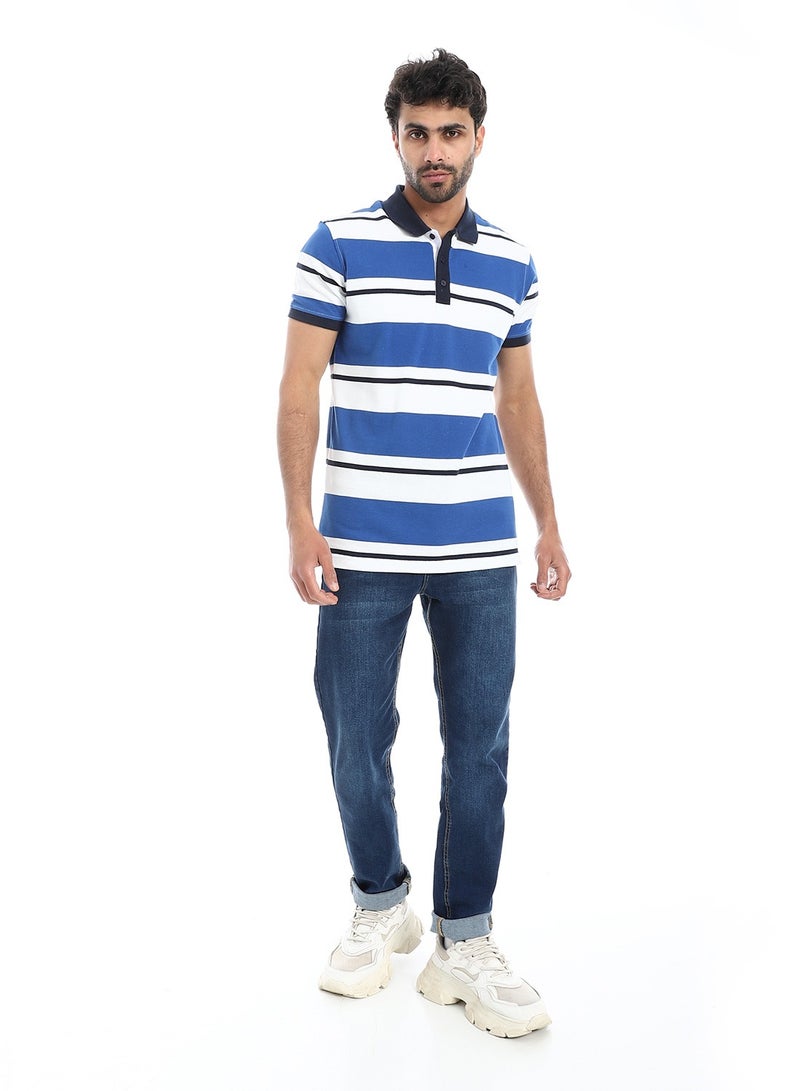 Pavone Short Sleeves Striped Polo Shirt - Royal Blue, White & Navy Blue - Image 4