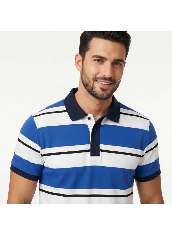 بافون بولو رجالي PAVONE - تيشيرت مخطط أزرق ملكي قطن بريميوم، كاجوال أنيق "Oceanic Stripe" - Image 3
