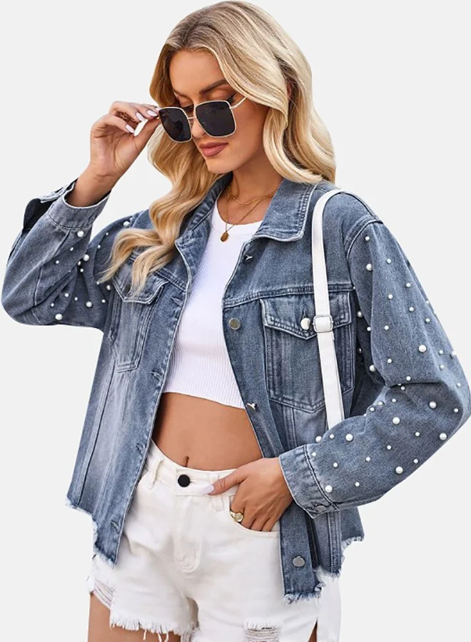 YUNIQEE Blue Collared Long Sleeve Denim Jacket