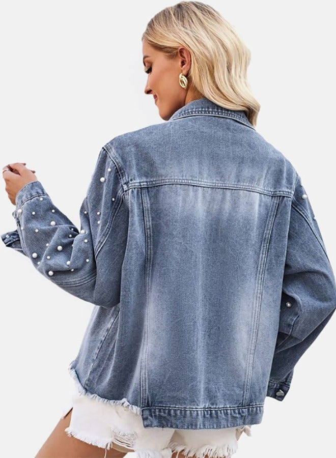 يونيكي جاكيت جينز بأكمام طويلة وياقة زرقاء - Image 5