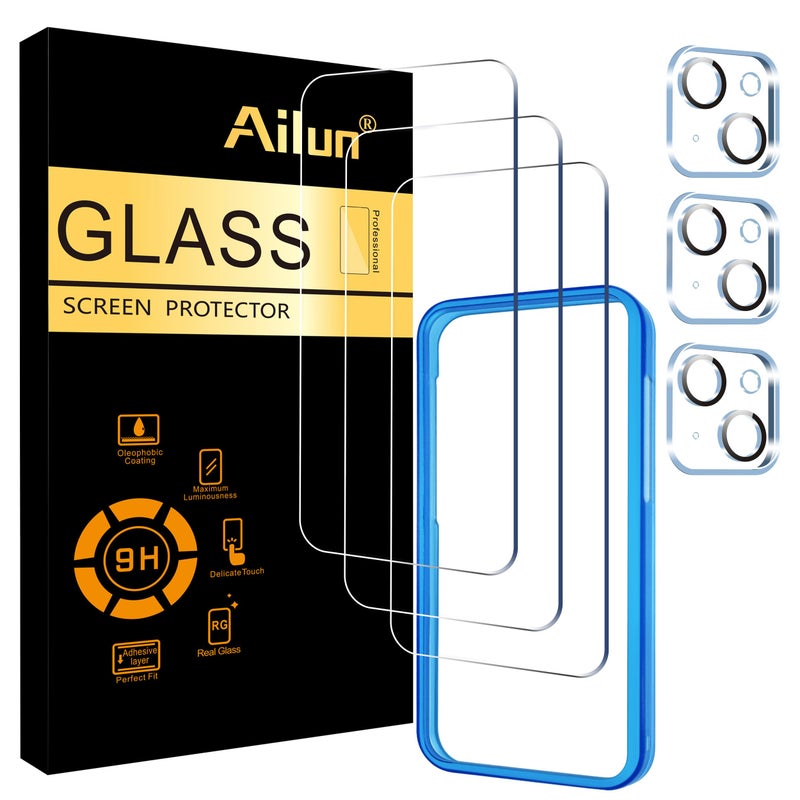 Ailun 3 Pack Screen Protector for iPhone 15 Plus [6.7 inch] + 3 Pack Camera Lens Protector with Installation Frame,Case Friendly Tempered Glass Film,[9H Hardness] - HD - Image 1