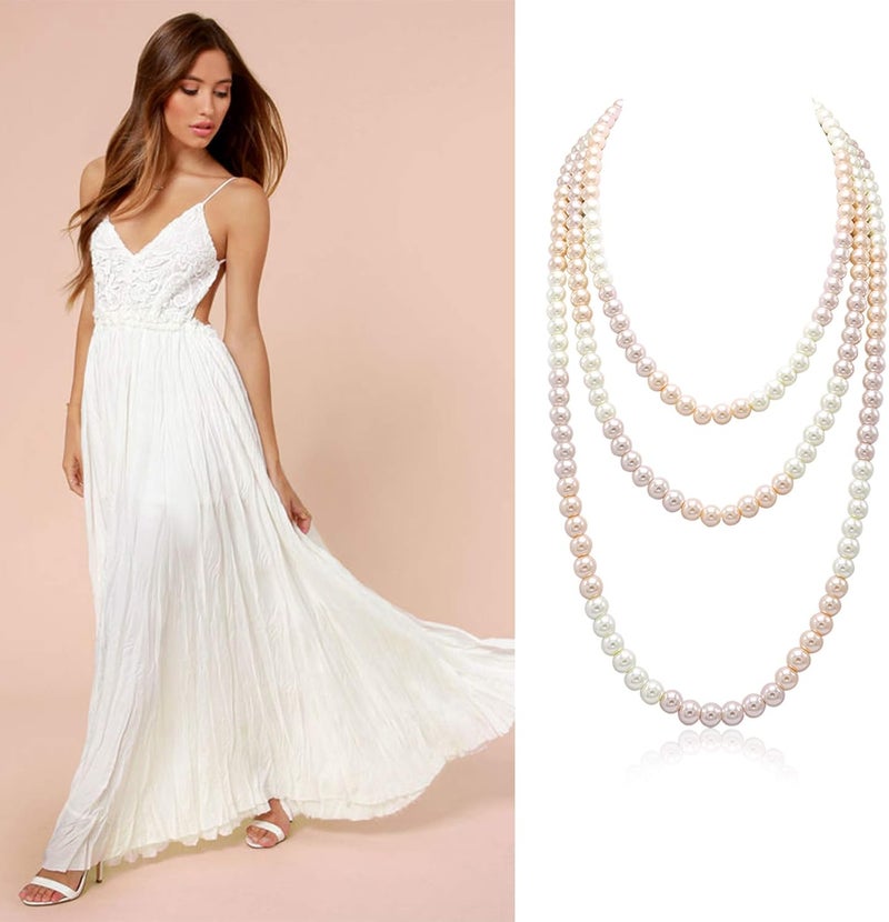 Aisansty Long Pearl Necklaces for Women Cream White Faux Pearl Strand Layered Necklace Costume Jewelry - Image 2