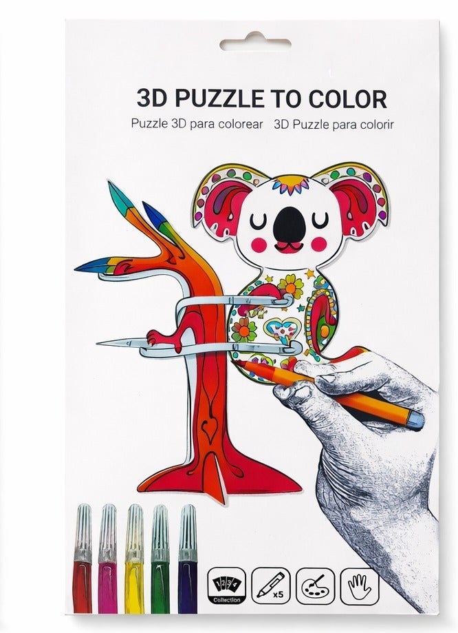 Kids 3D Puzzle to Color - DIY Colour & Build Craft Kit with Markers (Unicorn/Koala, Age 5+) - Image 1