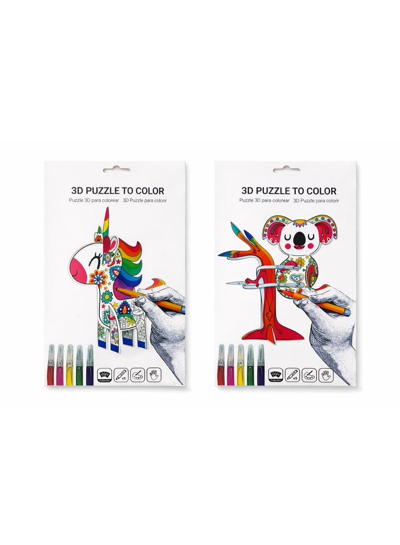 Kids 3D Puzzle to Color - DIY Colour & Build Craft Kit with Markers (Unicorn/Koala, Age 5+) - Image 2