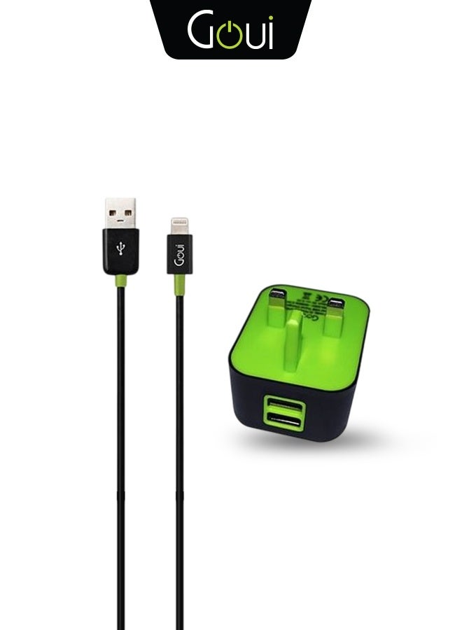 جوي شاحن جداري بمنفذي USB لشحن جهازين في وقت واحد، متوافق مع معظم الهواتف الذكية و الأجهزة اللوحية، حجم مدمج و سهل الحمل أسود/أخضر - Image 1