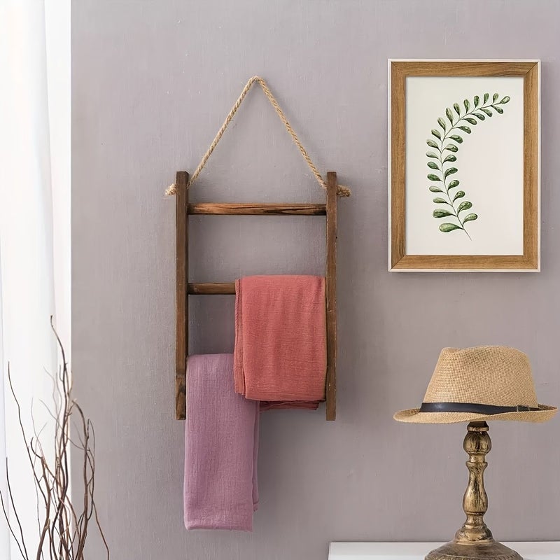 حامل مناشف على شكل سلم خشبي ريفي، رف تخزين مثبت على الحائط بثلاثة طبقات للحمام والمطبخ والمكتب - Image 3