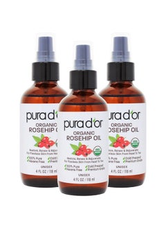 Pura d'or Organic Rosehip Seed Oil Hair Relaxer (4 Oz X3 = 12 Oz) 100% Pure Cold Pressed Usda Certified All Natural Antiaging Acne Scar Treatment Gua Sha Massage Face Hair & Skin Women & Men  - Image 1