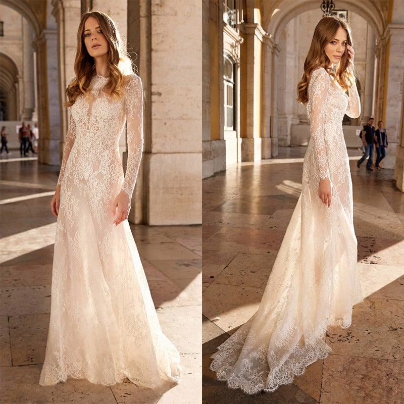 2022 European and American foreign trade new women's dress wish sexy lace perspective long-sleeved dress white S - Image 2