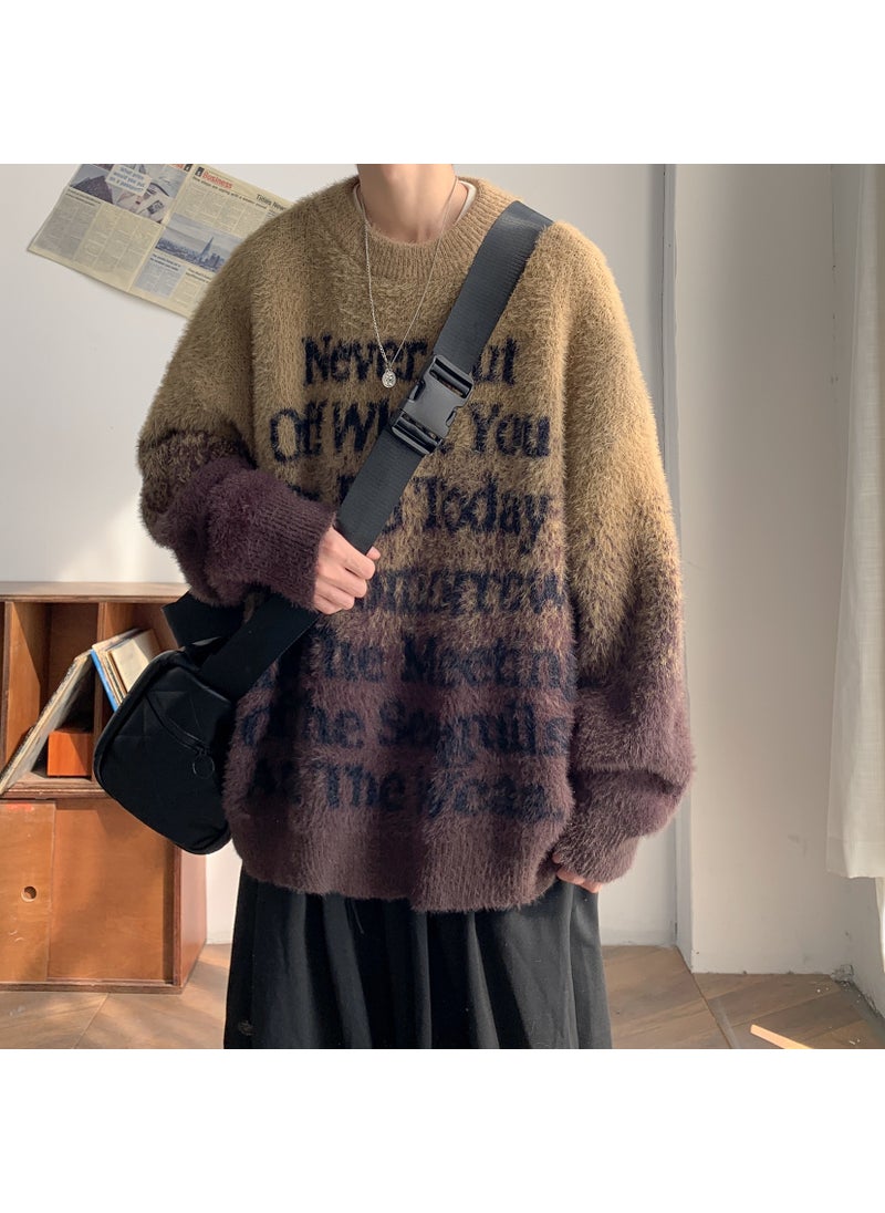 Generic 2024 Spring Autumn New Loose Fit Idle Style Knitted Top Mens Round Neck Pullover Sweater Casual Style Faux Fur Coat Brown  - Image 1
