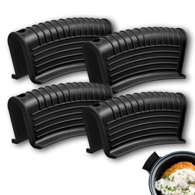 2 PAIR CAST IRON POT ASSIST HANDLE COVER WITH HIGH HEAT RESISTANCE ANTISLIP SILICONE SKILLET HANDLE COVER FOR ANY FRYING CAST IRON SKILLET METAL PAN WASHABLE REUSABLE RUBBER POT HOLDER SLEEVE BLACK