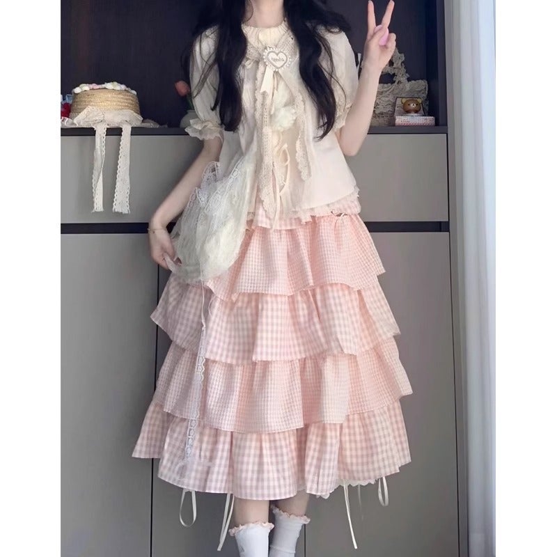 Cute Sweet Girl Dopamine Outfit Complete Set For Women Summer College Style Tie-Up Shirt Pink Plaid Cake Skirt Two-Piece Set - Image 2