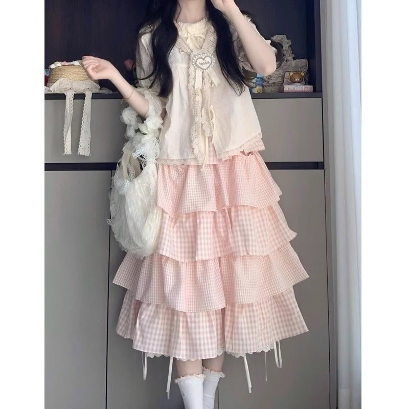 Cute Sweet Girl Dopamine Outfit Complete Set For Women Summer College Style Tie-Up Shirt Pink Plaid Cake Skirt Two-Piece Set - Image 4