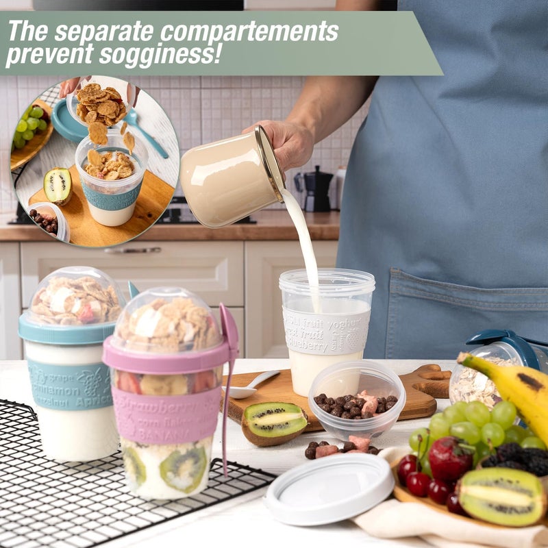 EYNEL 4 Pack Breakfast On The Go Yogurt Parfait Cups, Reusable Plastic Containers with Lids and Spoons, Perfect Jars for Overnight Oats Cereal Granola Oatmeal Smoothies and Snack Prep - Image 3