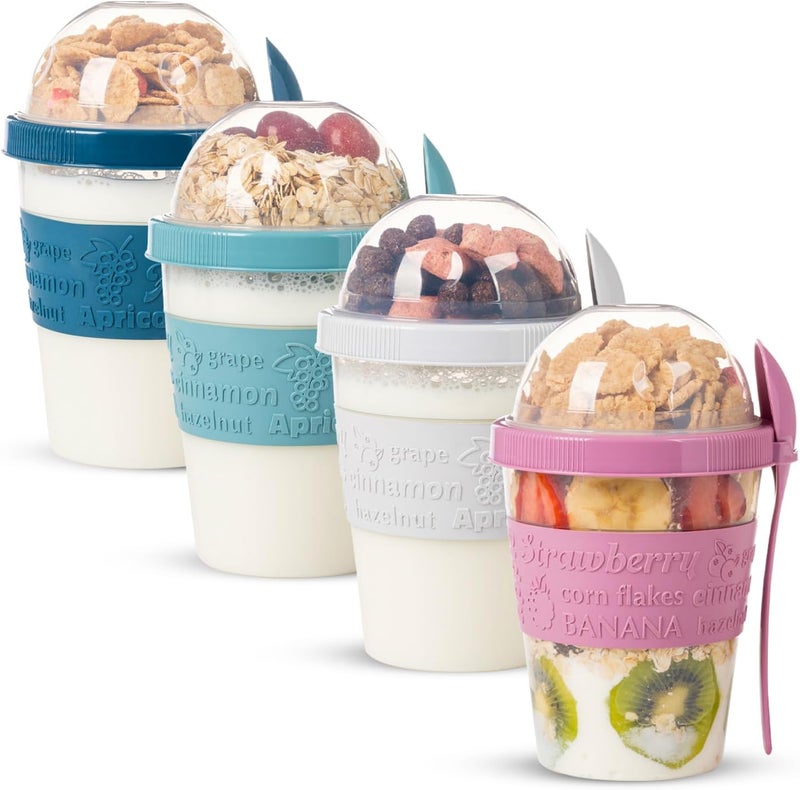 EYNEL 4 Pack Breakfast On The Go Yogurt Parfait Cups, Reusable Plastic Containers with Lids and Spoons, Perfect Jars for Overnight Oats Cereal Granola Oatmeal Smoothies and Snack Prep - Image 1